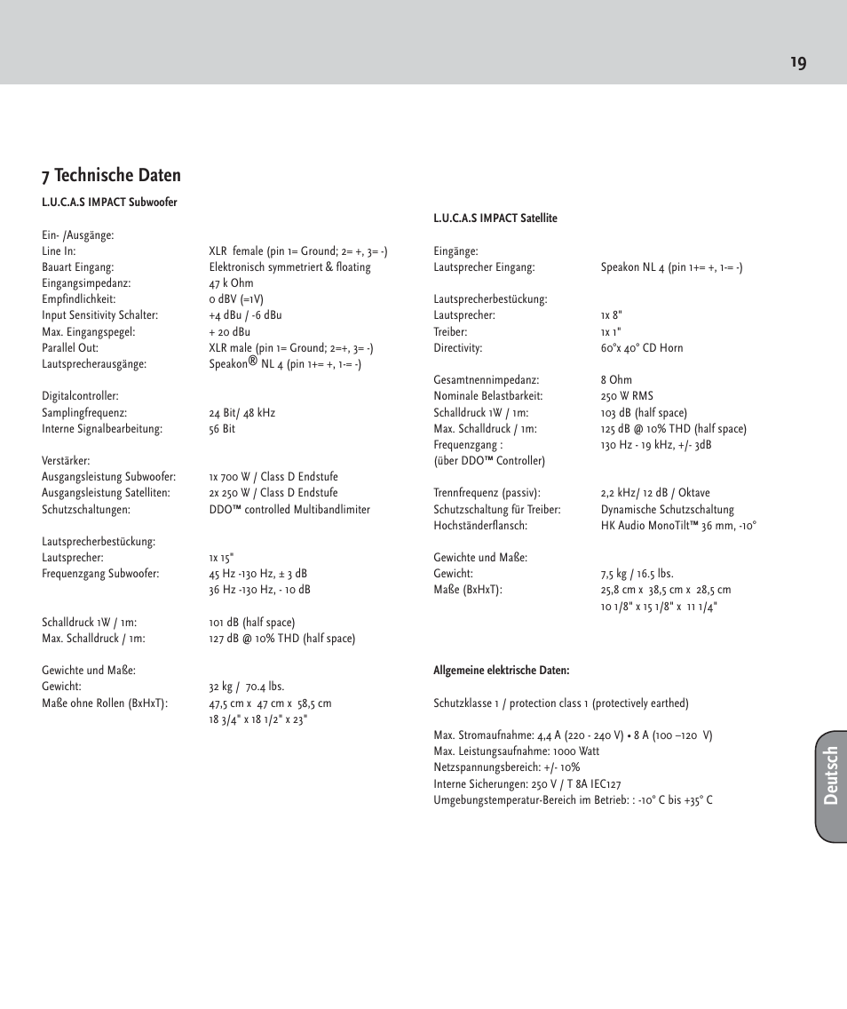 19 7 technische daten, Deutsch | HK Audio LUCAS IMPACT User Manual | Page 19 / 36