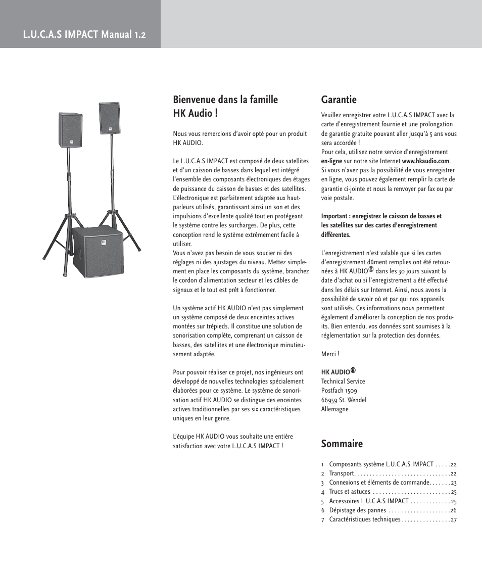 Garantie, Sommaire | HK Audio LUCAS IMPACT User Manual | Page 20 / 36