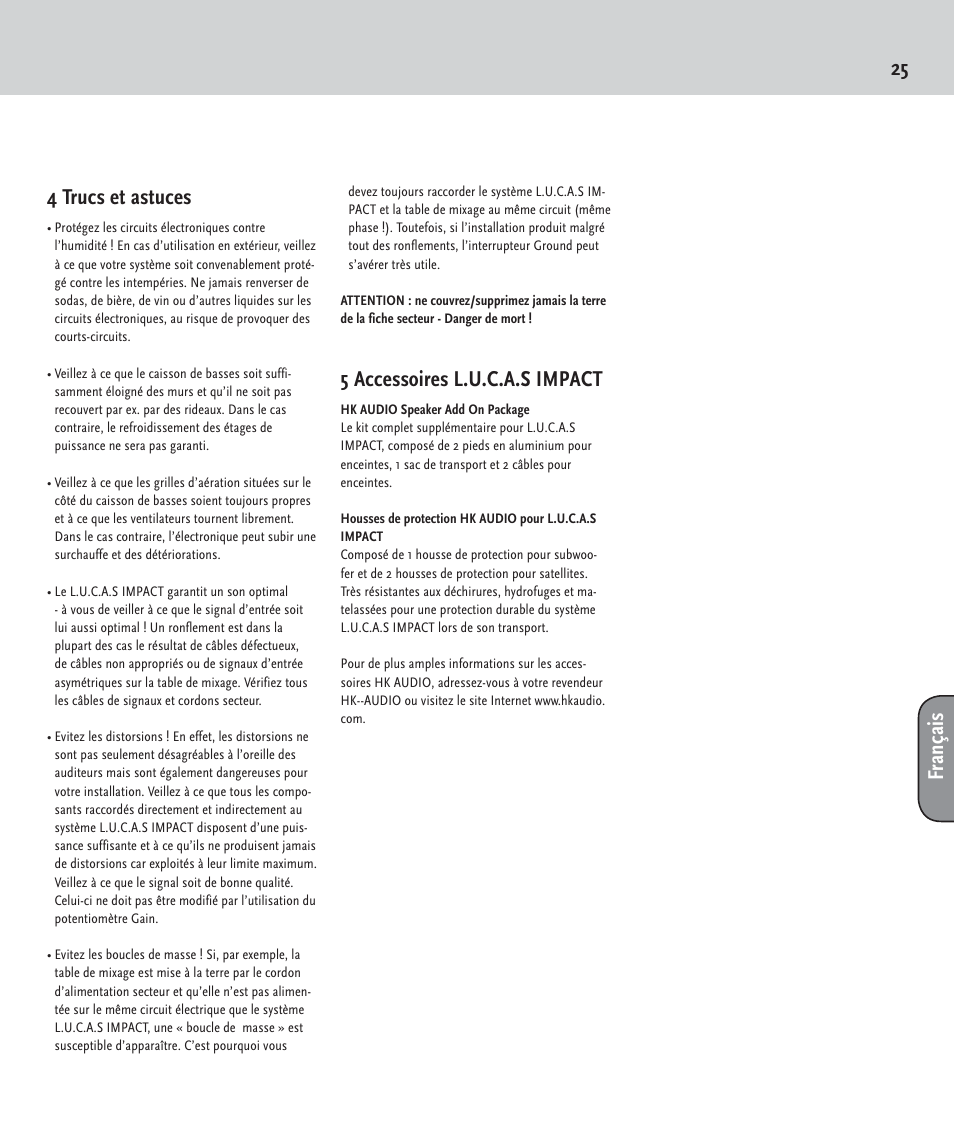 25 4 trucs et astuces, 5 accessoires l.u.c.a.s impact, Fr ançais | HK Audio LUCAS IMPACT User Manual | Page 25 / 36