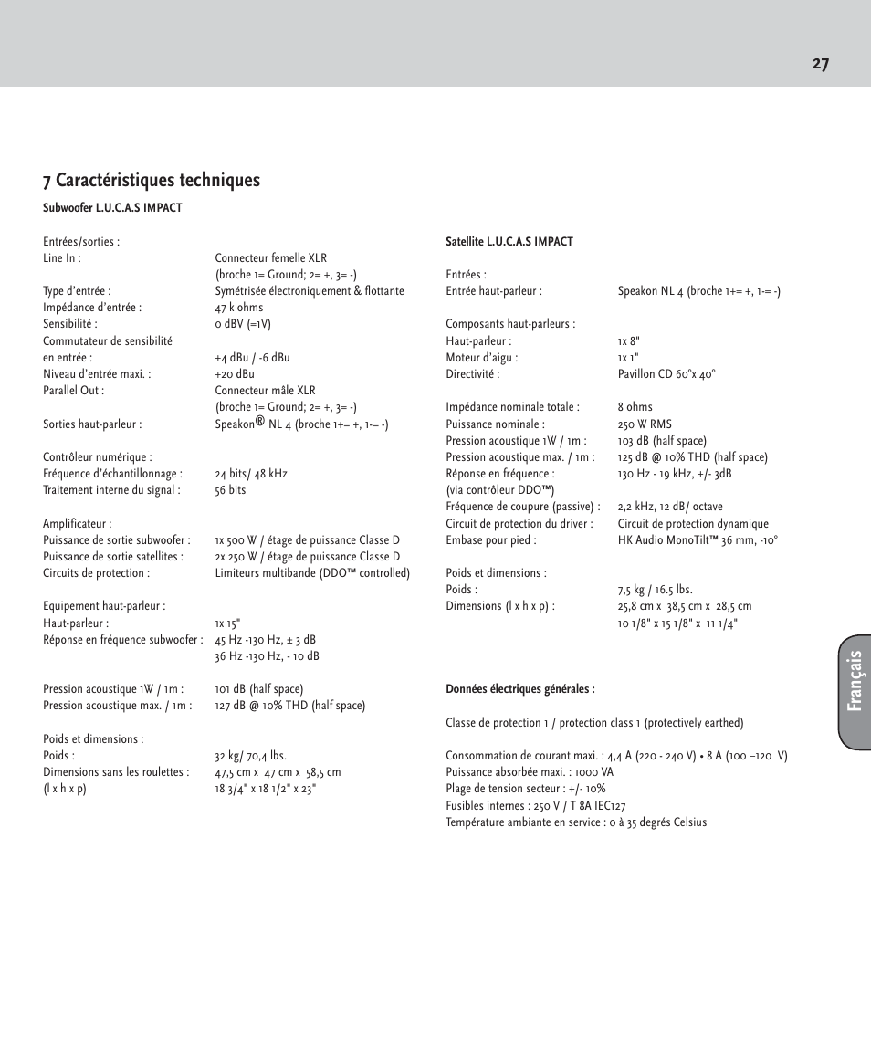 27 7 caractéristiques techniques, Fr ançais | HK Audio LUCAS IMPACT User Manual | Page 27 / 36