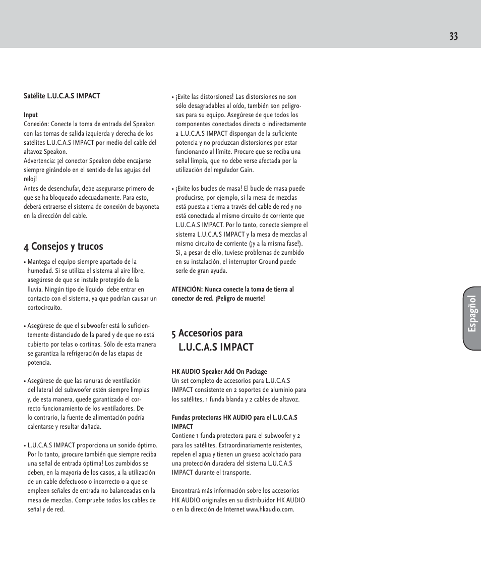 4 consejos y trucos, 5 accesorios para l.u.c.a.s impact, Espagñol | HK Audio LUCAS IMPACT User Manual | Page 33 / 36