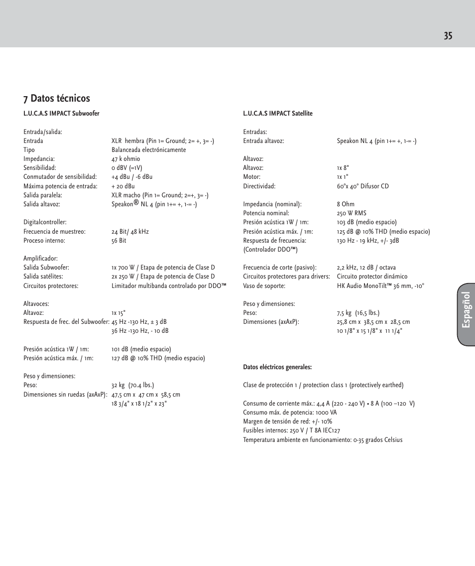 35 7 datos técnicos, Espagñol | HK Audio LUCAS IMPACT User Manual | Page 35 / 36