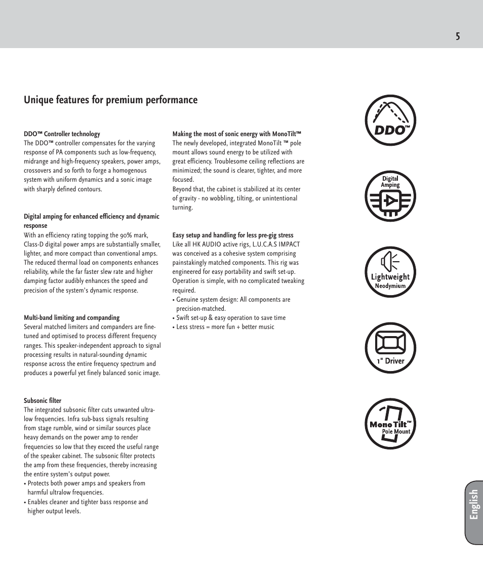 Unique features for premium performance english | HK Audio LUCAS IMPACT User Manual | Page 5 / 36