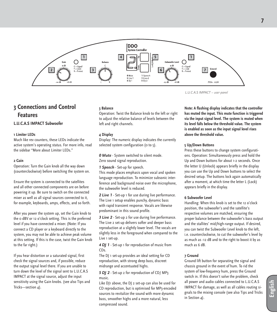 73 connections and control features, English | HK Audio LUCAS IMPACT User Manual | Page 7 / 36