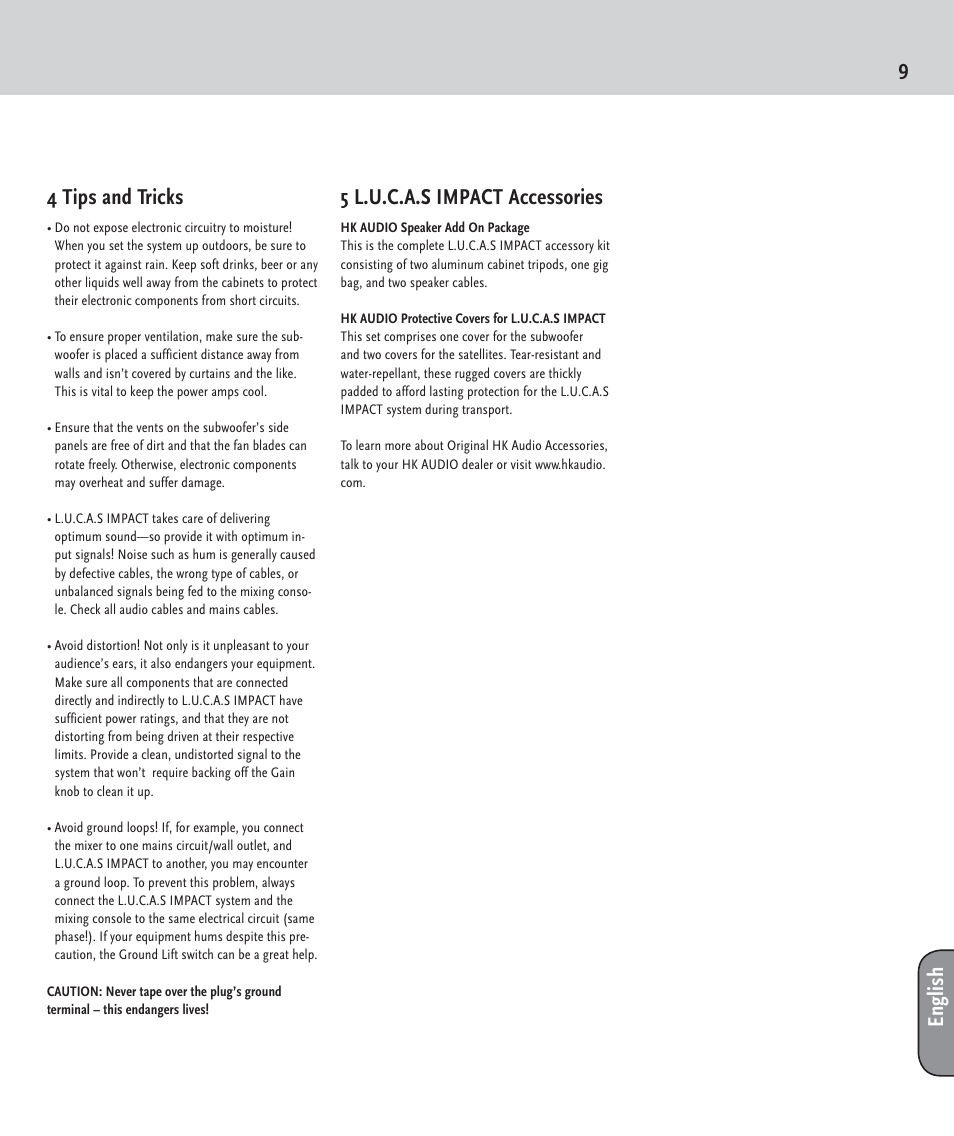 94 tips and tricks, 5 l.u.c.a.s impact accessories, English | HK Audio LUCAS IMPACT User Manual | Page 9 / 36