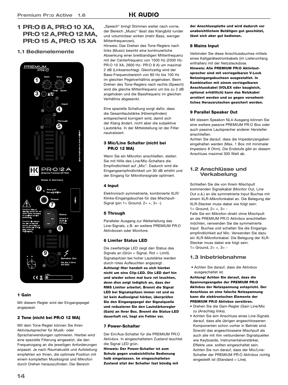 1 bedienelemente, 2 anschlüsse und verkabelung, 3 inbetriebnahme | Premium pr:o active 1.6 | HK Audio PR:O 18 SUB A User Manual | Page 14 / 40