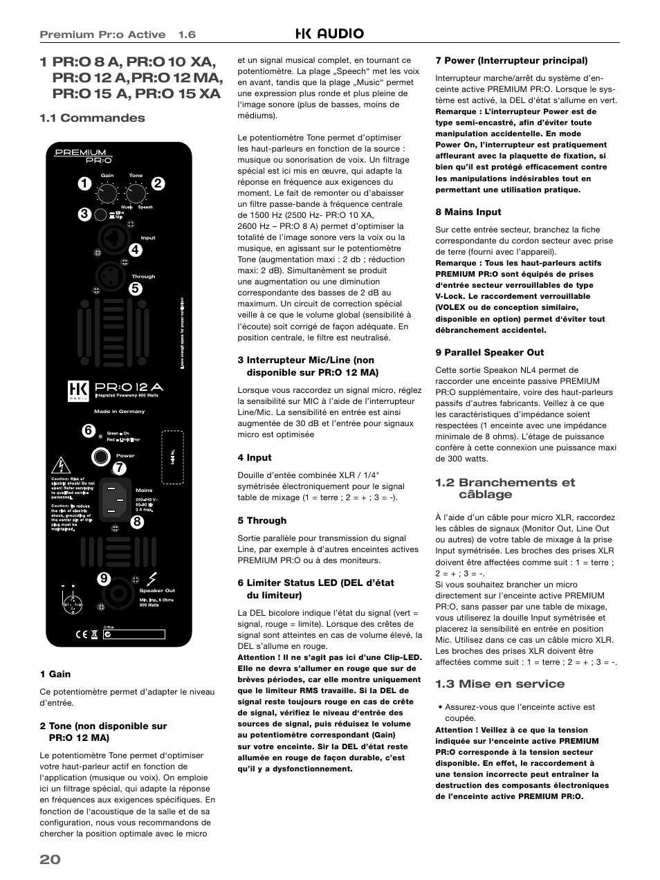 1 commandes, 2 branchements et câblage, 3 mise en service | Premium pr:o active 1.6 | HK Audio PR:O 18 SUB A User Manual | Page 20 / 40