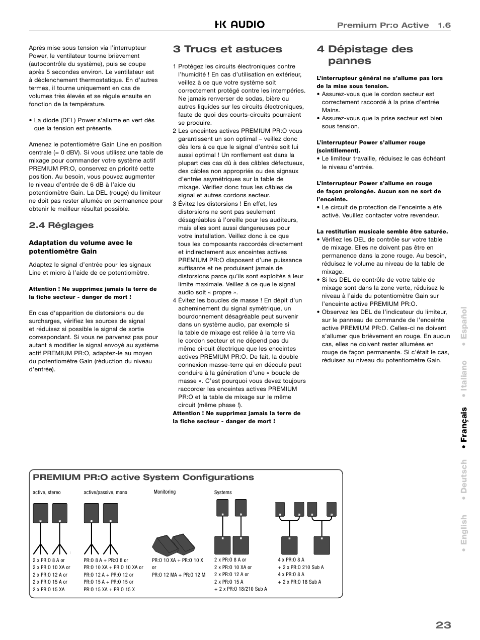 3 trucs et astuces, 4 dépistage des pannes | HK Audio PR:O 18 SUB A User Manual | Page 23 / 40