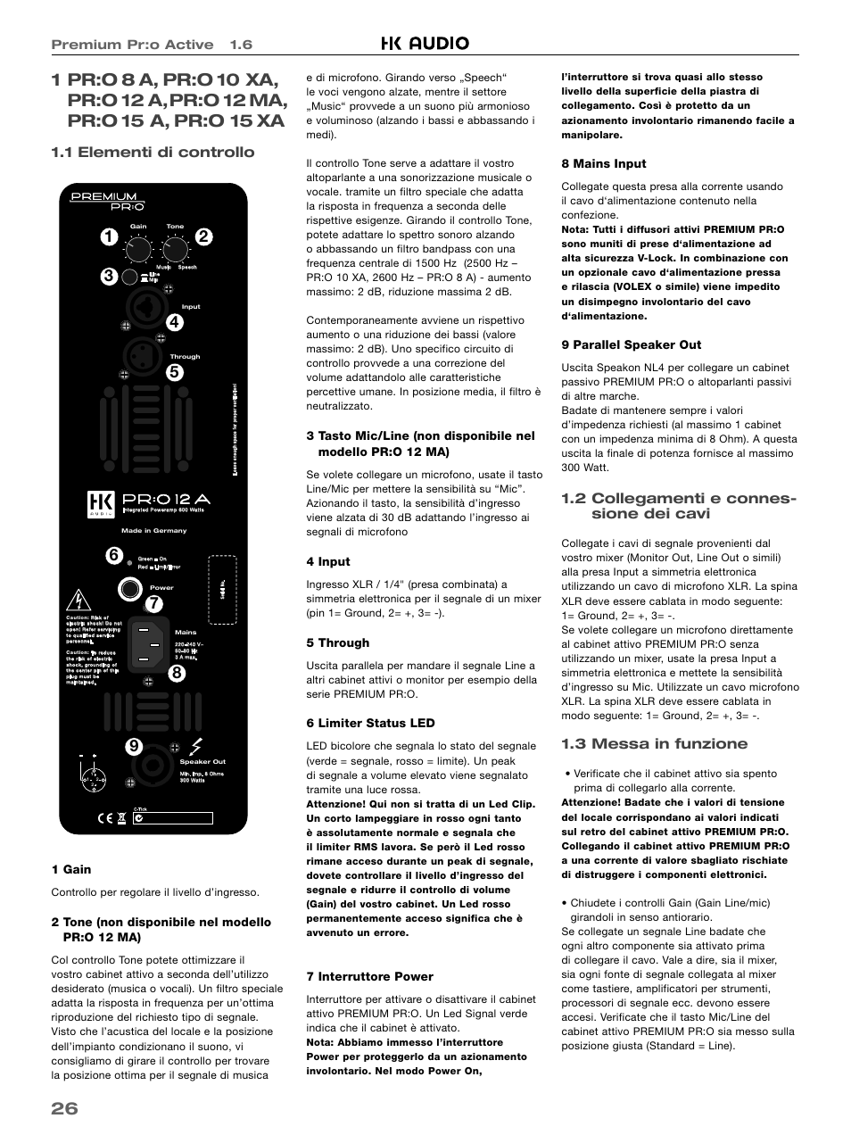 1 elementi di controllo, 2 collegamenti e connes- sione dei cavi, 3 messa in funzione | Premium pr:o active 1.6 | HK Audio PR:O 18 SUB A User Manual | Page 26 / 40