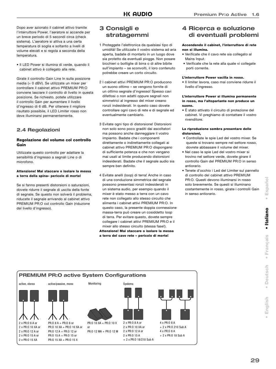 3 consigli e stratagemmi, 4 ricerca e soluzione di eventuali problemi | HK Audio PR:O 18 SUB A User Manual | Page 29 / 40