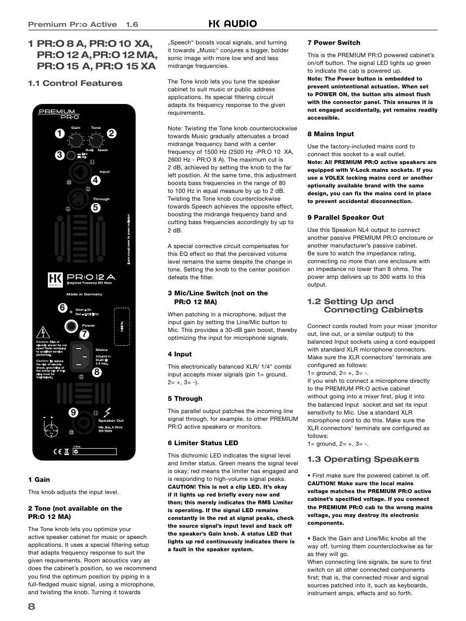 1 control features, 2 setting up and connecting cabinets, 3 operating speakers | Premium pr:o active 1.6 | HK Audio PR:O 18 SUB A User Manual | Page 8 / 40