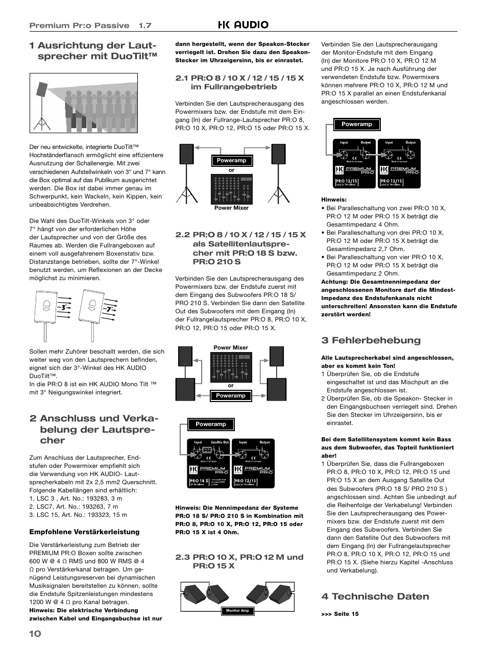 10 1 ausrichtung der laut- sprecher mit duotilt, 2 anschluss und verka- belung der lautspre- cher, 3 fehlerbehebung | 4 technische daten | HK Audio PR:O 18 SUB User Manual | Page 10 / 16