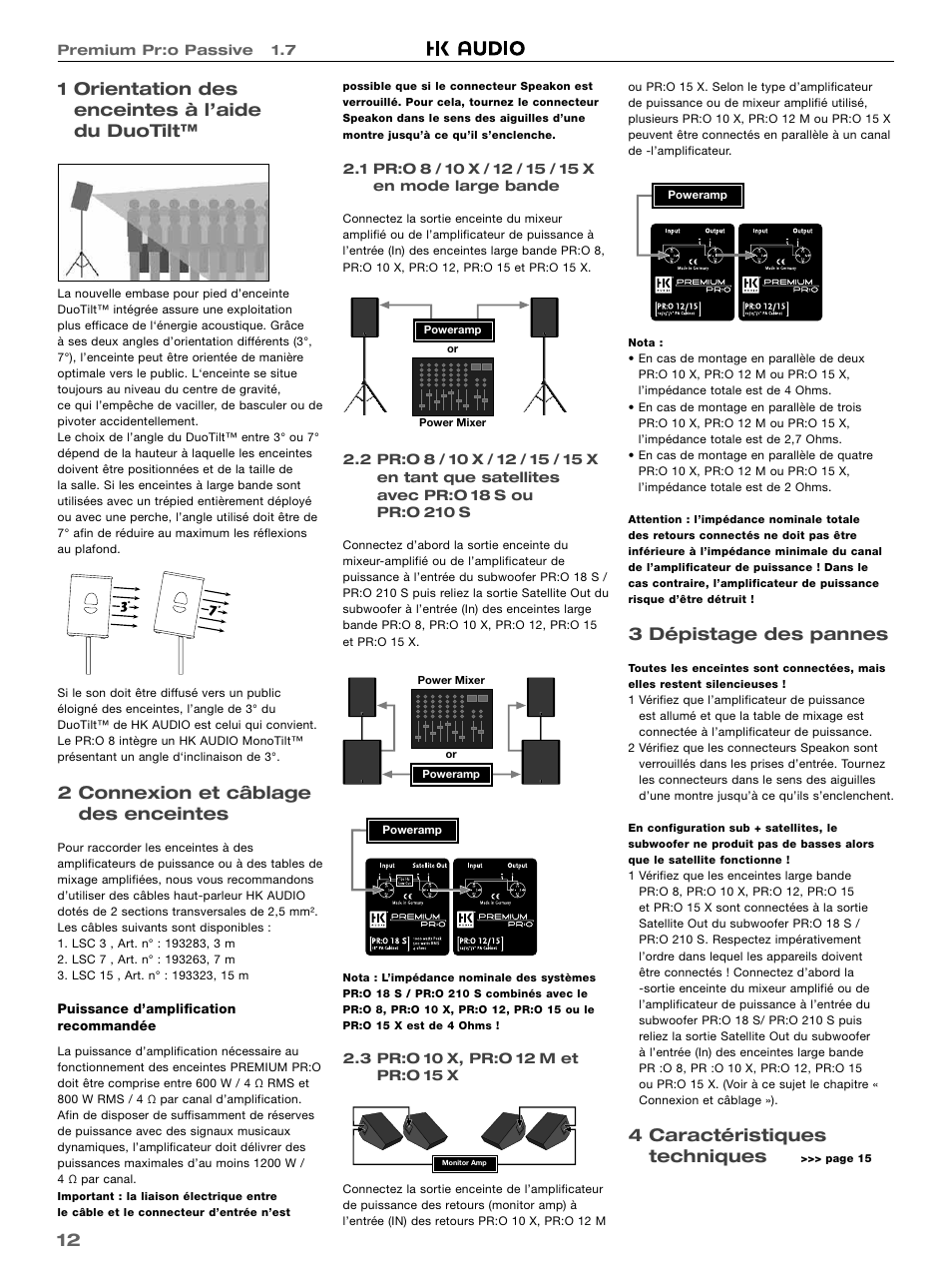 12 1 orientation des enceintes à l’aide du duotilt, 2 connexion et câblage des enceintes, 3 dépistage des pannes | 4 caractéristiques techniques | HK Audio PR:O 18 SUB User Manual | Page 12 / 16