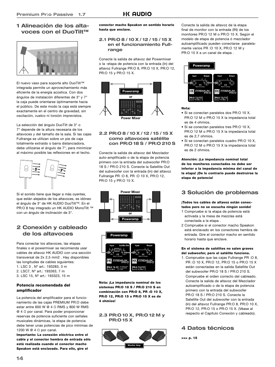 14 1 alineación de los alta- voces con el duotilt, 2 conexión y cableado de los altavoces, 3 solución de problemas | 4 datos técnicos | HK Audio PR:O 18 SUB User Manual | Page 14 / 16