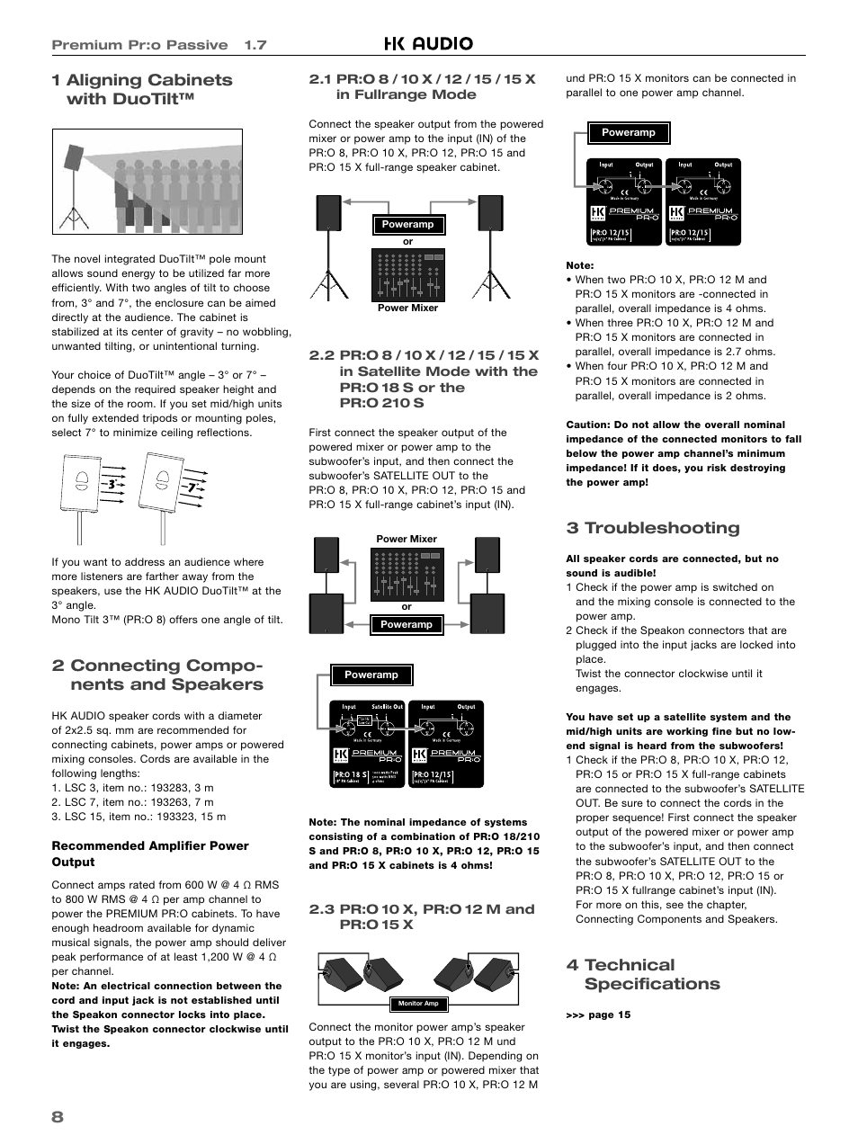 81 aligning cabinets with duotilt, 2 connecting compo- nents and speakers, 3 troubleshooting | 4 technical specifications | HK Audio PR:O 18 SUB User Manual | Page 8 / 16