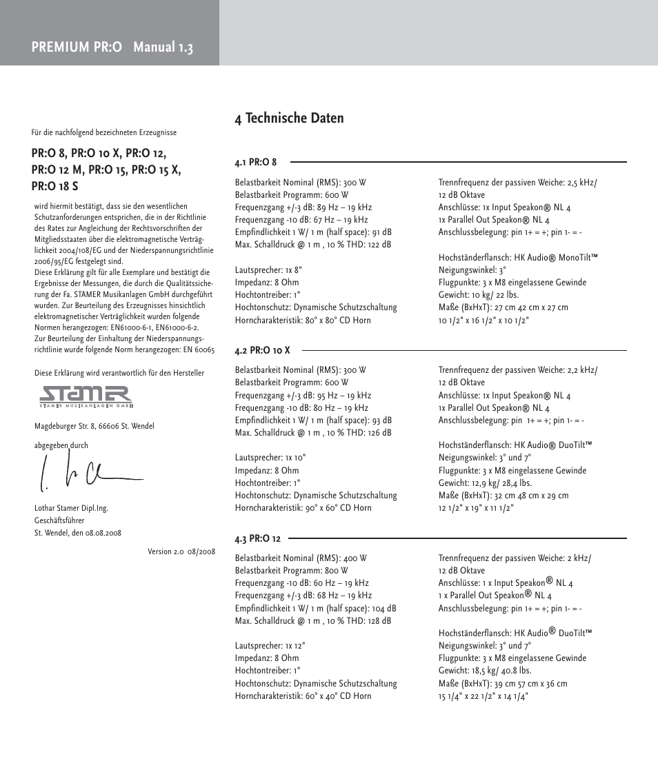 Premium pr:o manual 1.3 4 technische daten | HK Audio PR:O passiv User Manual | Page 14 / 28