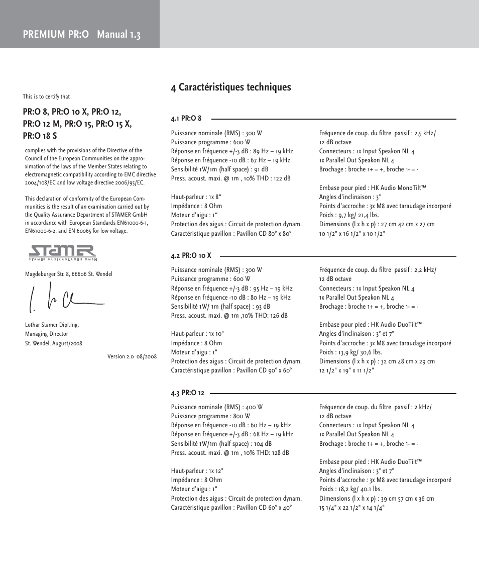 Premium pr:o manual 1.3, 4 caractéristiques techniques | HK Audio PR:O passiv User Manual | Page 20 / 28