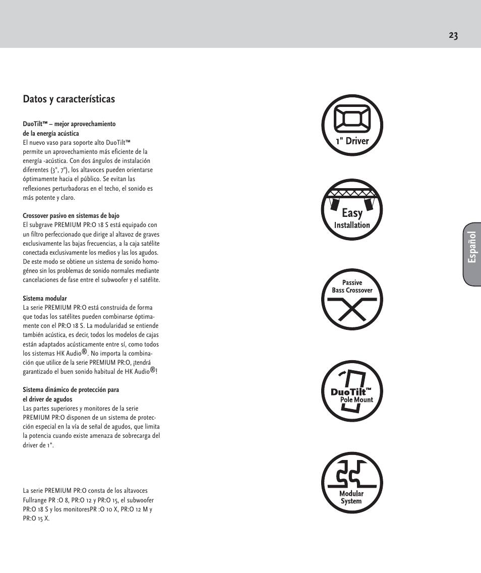 23 español datos y características | HK Audio PR:O passiv User Manual | Page 23 / 28