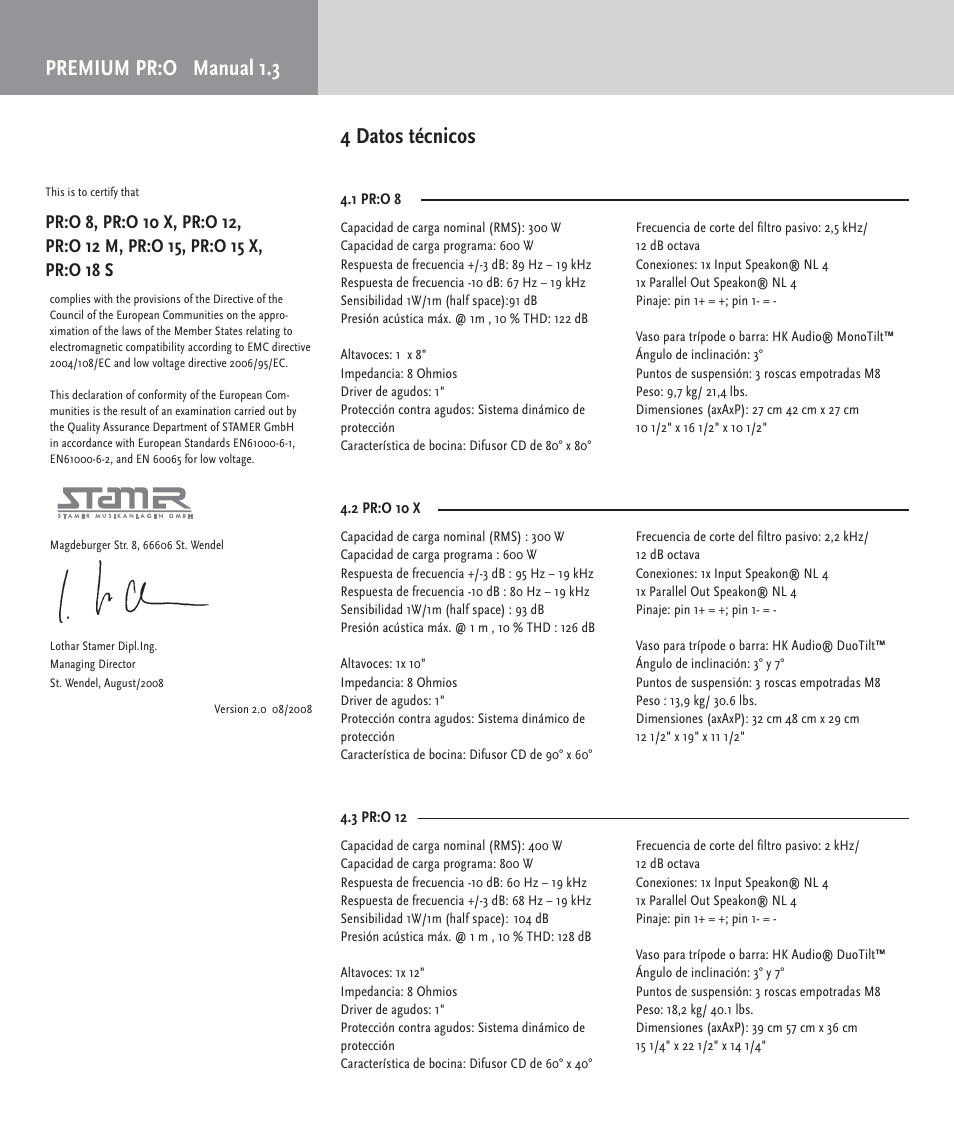 Premium pr:o manual 1.3, 4 datos técnicos | HK Audio PR:O passiv User Manual | Page 26 / 28