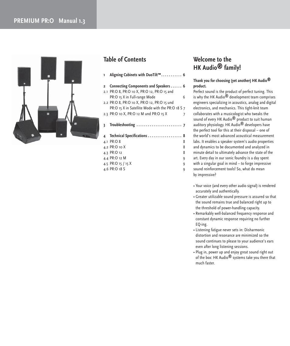 Premium pr:o manual 1.3 table of contents, Welcome to the hk audio® family | HK Audio PR:O passiv User Manual | Page 4 / 28
