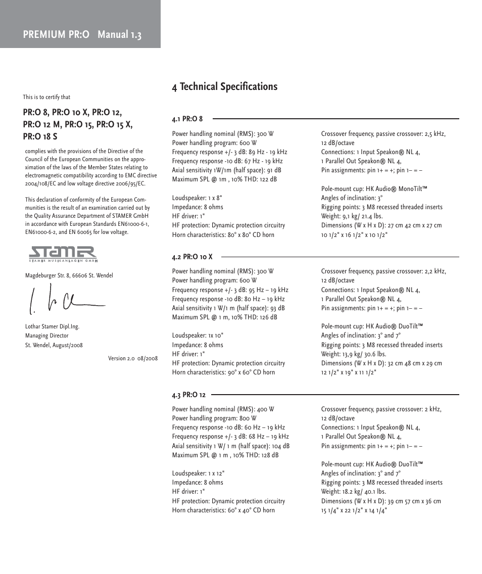 Premium pr:o manual 1.3, 4 technical specifications | HK Audio PR:O passiv User Manual | Page 8 / 28