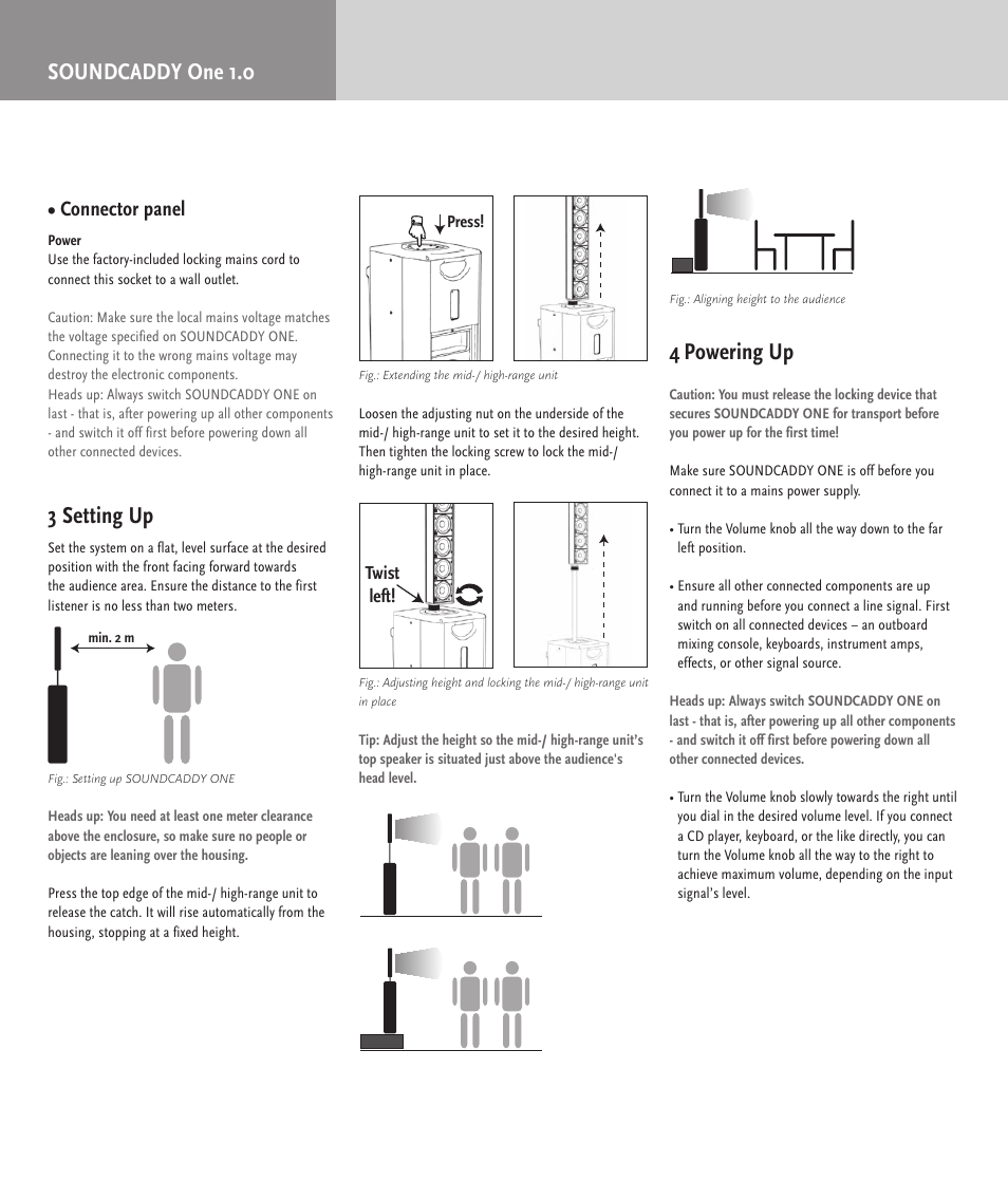 Soundcaddy one 1.0, 3 setting up, 4 powering up | Connector panel | HK Audio SOUNDCADDY ONE User Manual | Page 10 / 24