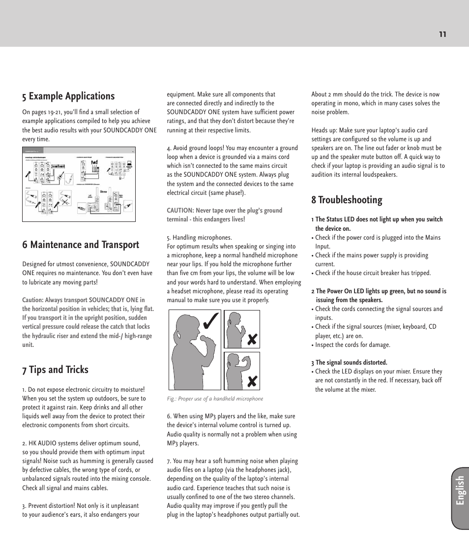 11 5 example applications, 6 maintenance and transport, 7 tips and tricks | 8 troubleshooting, En gl is h | HK Audio SOUNDCADDY ONE User Manual | Page 11 / 24