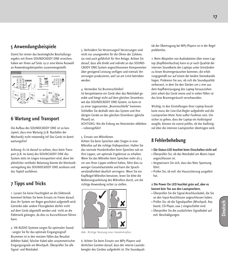 17 5 anwendungsbeispiele, 6 wartung und transport, 7 tipps und tricks | 8 fehlerbehebung, Deu ts ch | HK Audio SOUNDCADDY ONE User Manual | Page 17 / 24