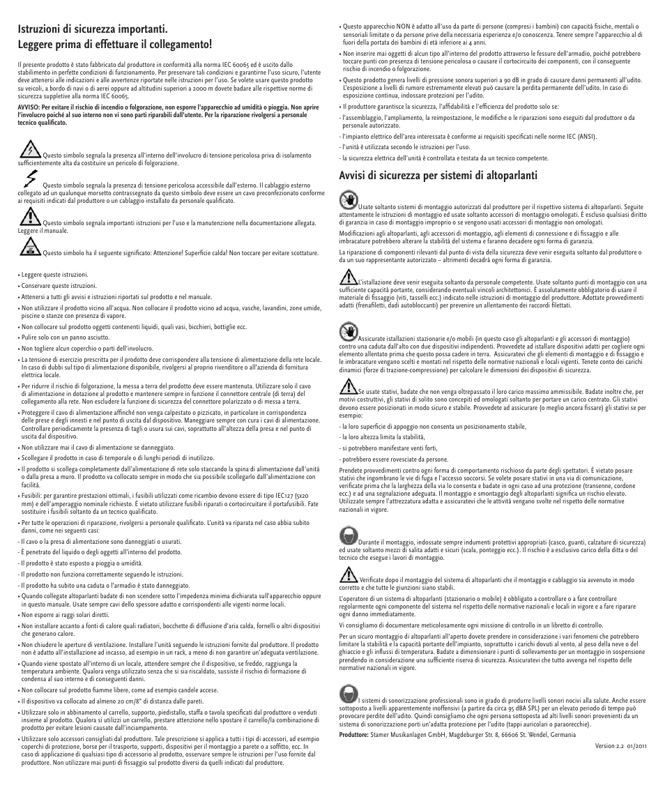 Avvisi di sicurezza per sistemi di altoparlanti | HK Audio SOUNDCADDY ONE User Manual | Page 5 / 24