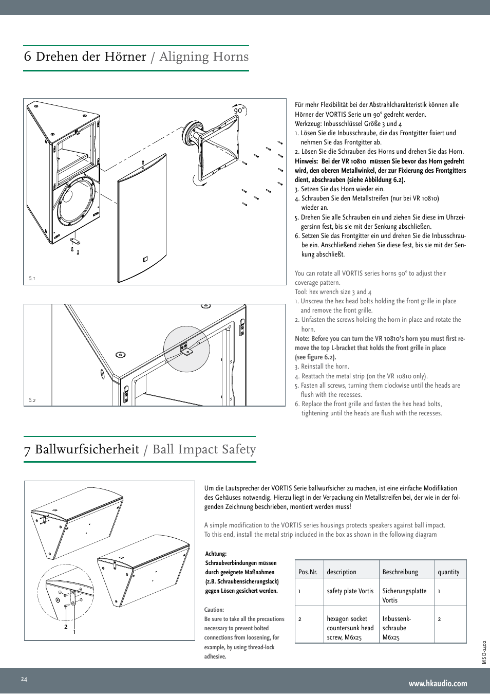 6 drehen der hörner / aligning horns, 7 ballwurfsicherheit / ball impact safety | HK Audio VR 21214 User Manual | Page 24 / 24
