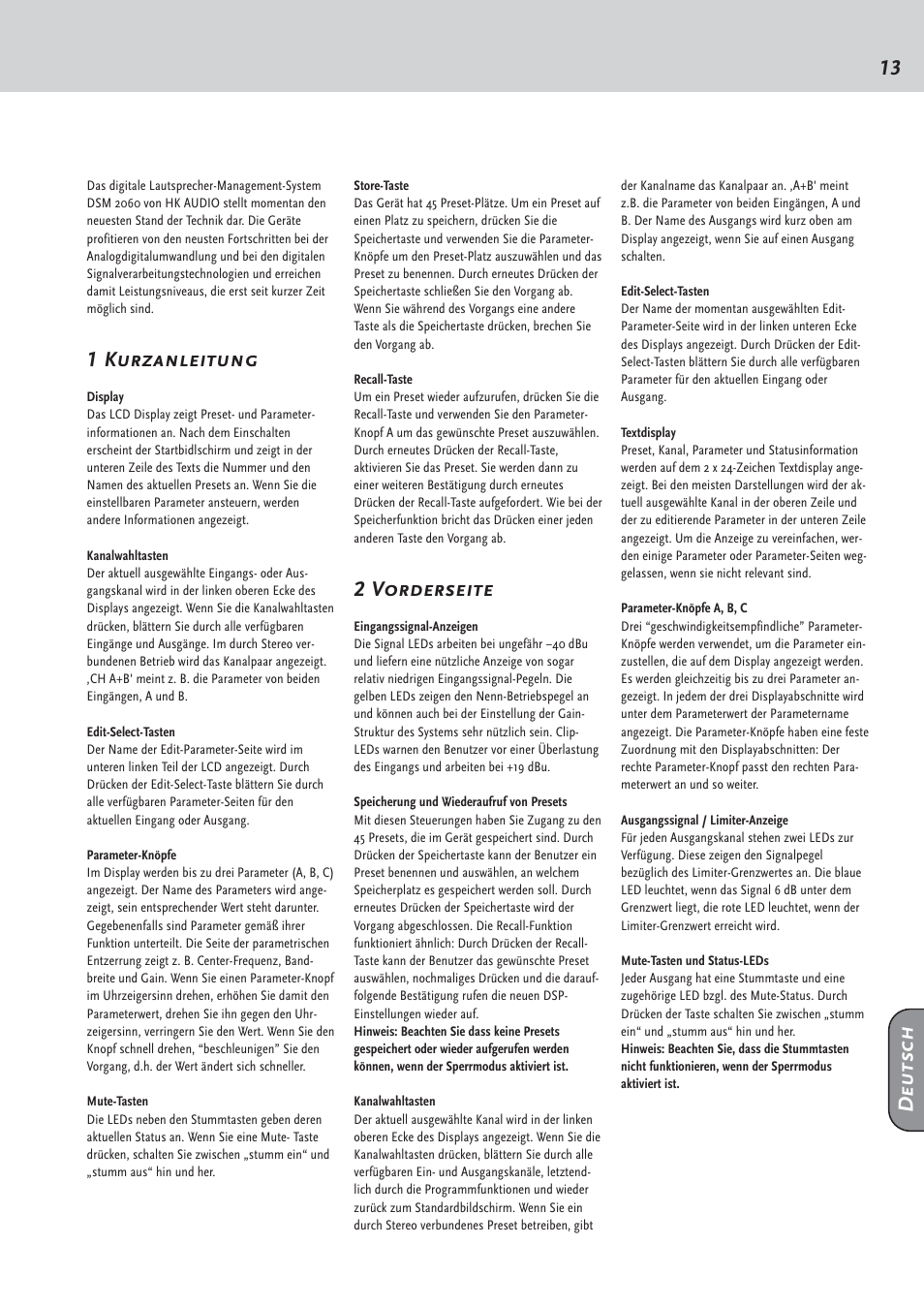 13 deutsch, 1 kurzanleitung, 2 vorderseite | HK Audio DSM 2060 User Manual | Page 13 / 24