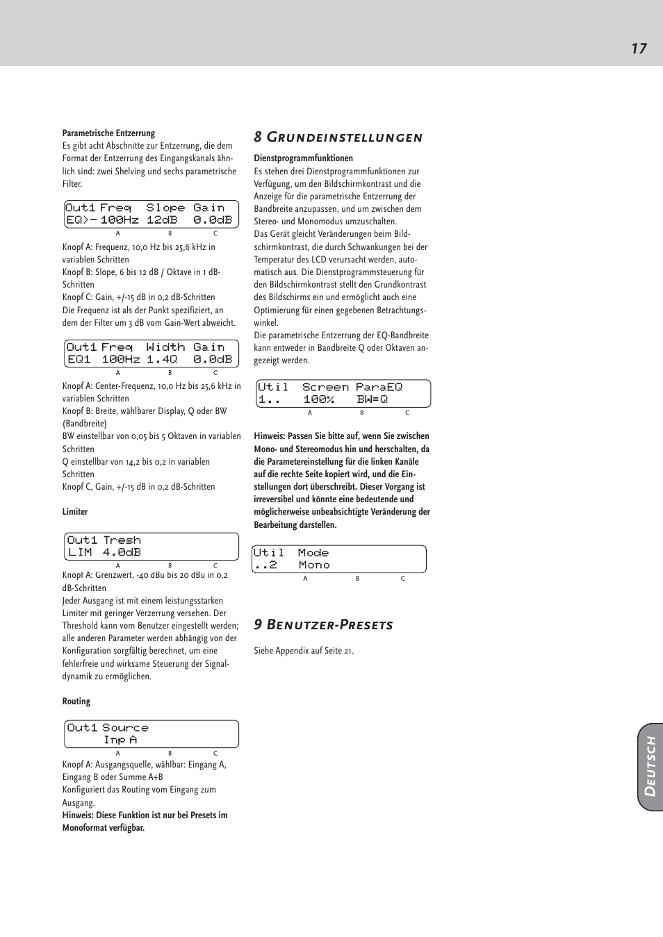 17 deutsch, 8 grundeinstellungen, 9 benutzer-presets | HK Audio DSM 2060 User Manual | Page 17 / 24