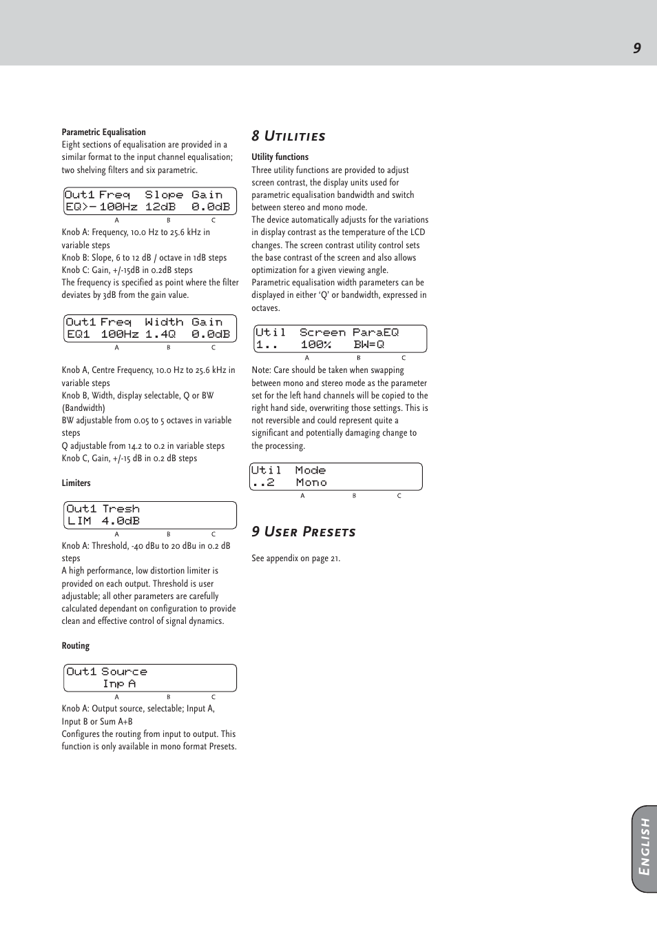 9english, 8 utilities, 9 user presets | HK Audio DSM 2060 User Manual | Page 9 / 24