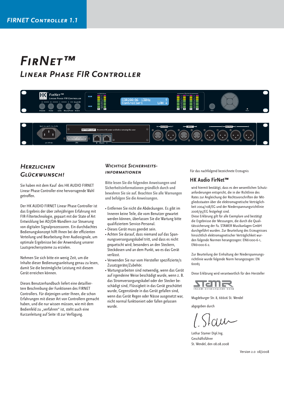 Firnet controller 1.1 herzlichen glückwunsch, Hk audio firnet, Wichtige sicherheits- informationen | HK Audio FirNet Manual User Manual | Page 16 / 52