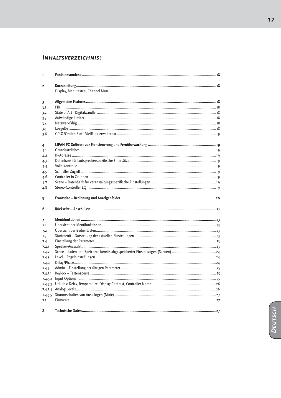 17 inhaltsverzeichnis, Deutsch | HK Audio FirNet Manual User Manual | Page 17 / 52