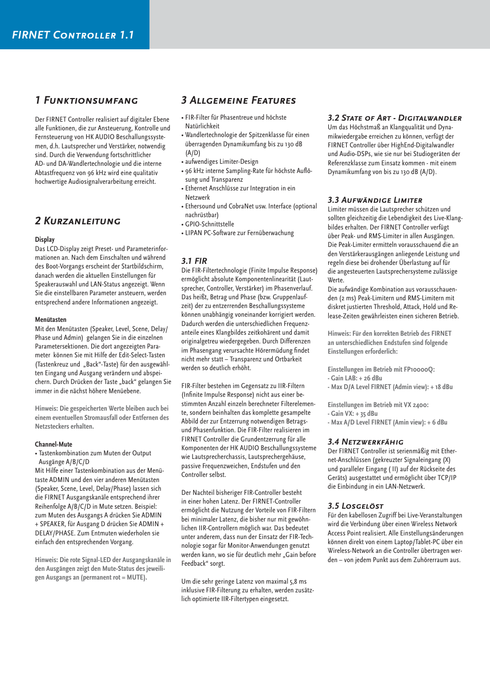 Firnet controller 1.1 1 funktionsumfang, 2 kurzanleitung, 3 allgemeine features | HK Audio FirNet Manual User Manual | Page 18 / 52
