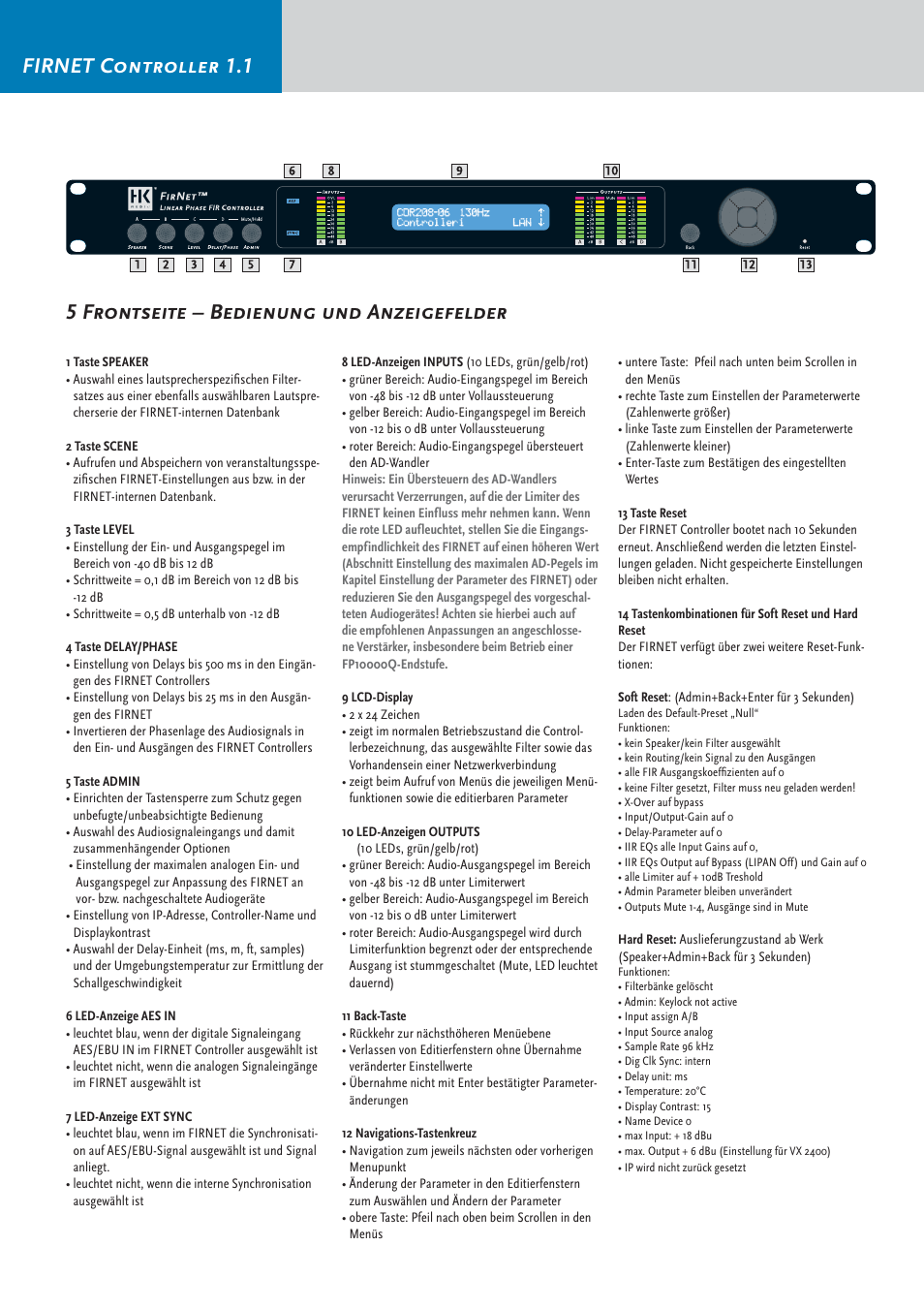 Firnet controller 1.1, 5frontseite – bedienung und anzeigefelder | HK Audio FirNet Manual User Manual | Page 20 / 52