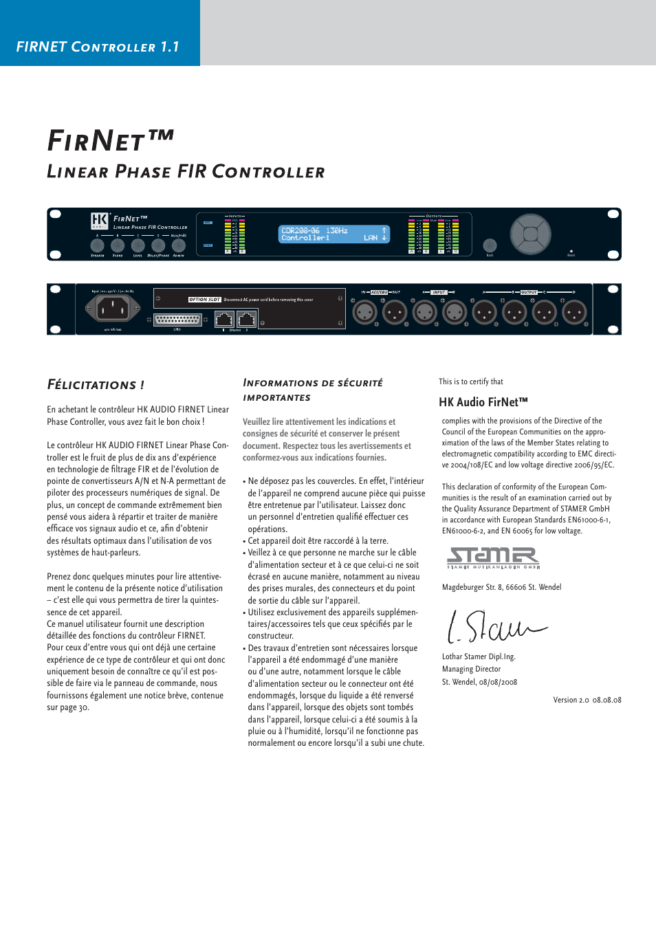 Firnet controller 1.1 félicitations, Hk audio firnet, Informations de sécurité importantes | HK Audio FirNet Manual User Manual | Page 28 / 52