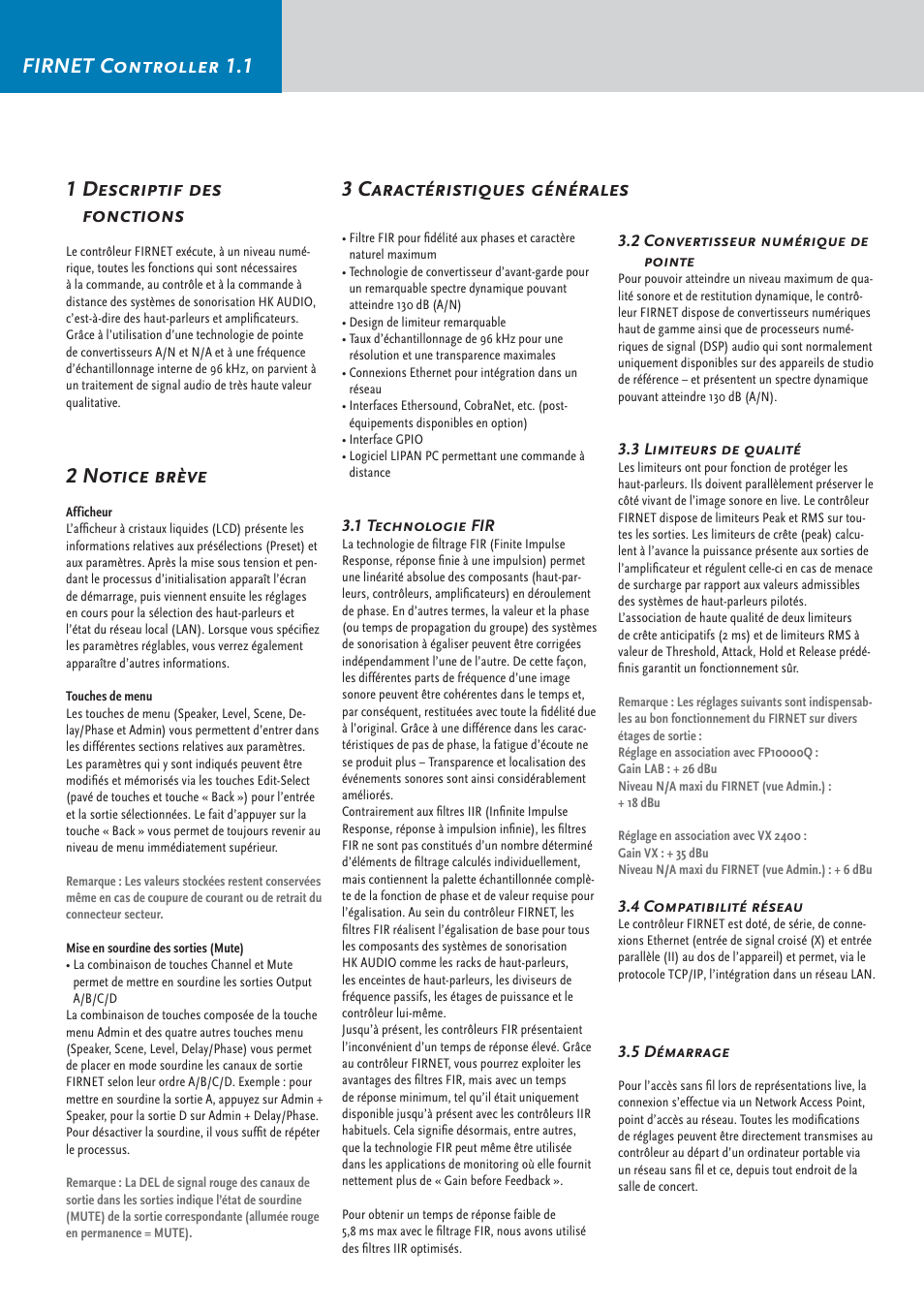 Firnet controller 1.1 1 descriptif des fonctions, 2 notice brève, 3 caractéristiques générales | HK Audio FirNet Manual User Manual | Page 30 / 52