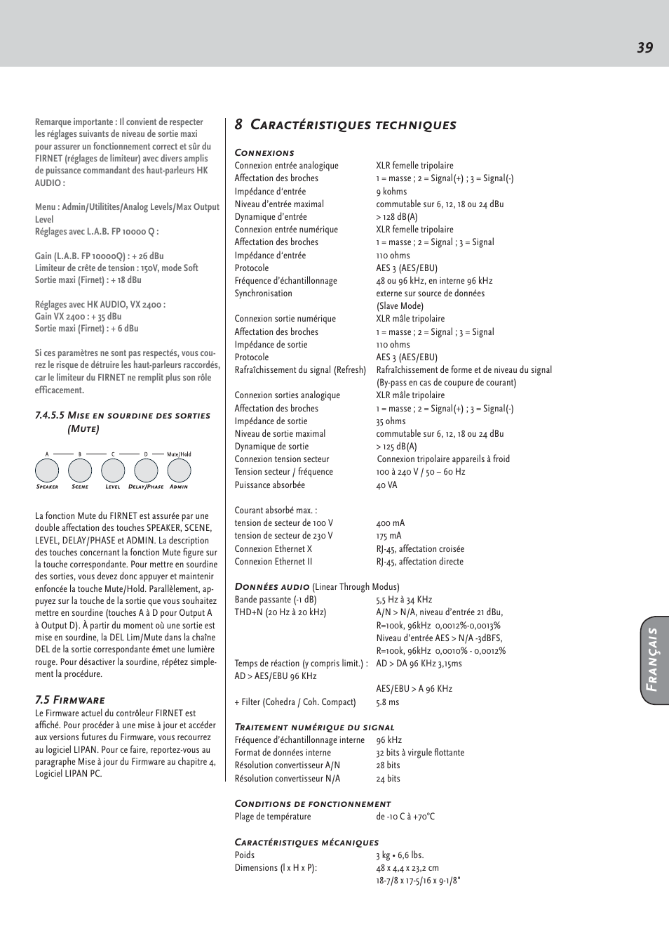 8 caractéristiques techniques, Français | HK Audio FirNet Manual User Manual | Page 39 / 52