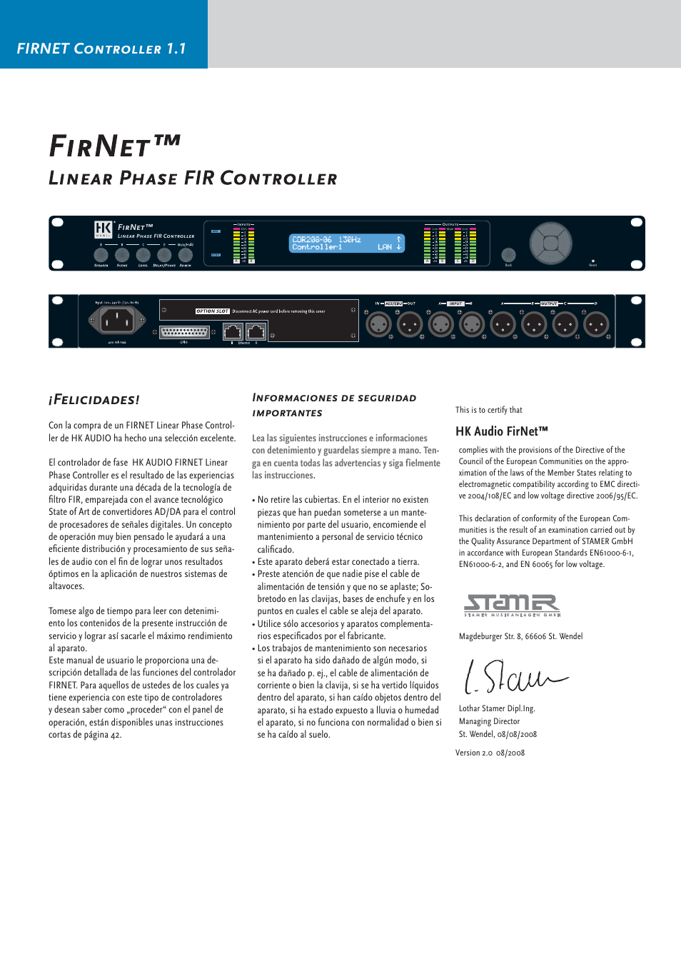 Firnet controller 1.1 ¡felicidades, Hk audio firnet, Informaciones de seguridad importantes | HK Audio FirNet Manual User Manual | Page 40 / 52