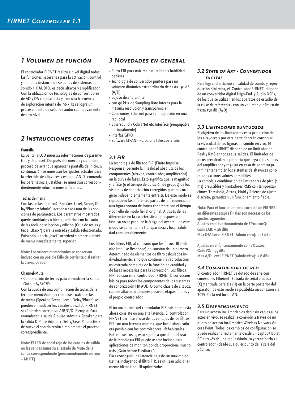 Firnet controller 1.1 1 volumen de función, 2 instrucciones cortas, 3 novedades en general | HK Audio FirNet Manual User Manual | Page 42 / 52