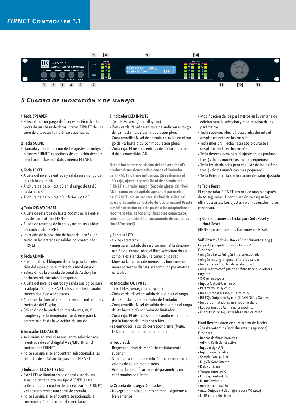 Firnet controller 1.1, 5cuadro de indicación y de manejo | HK Audio FirNet Manual User Manual | Page 44 / 52