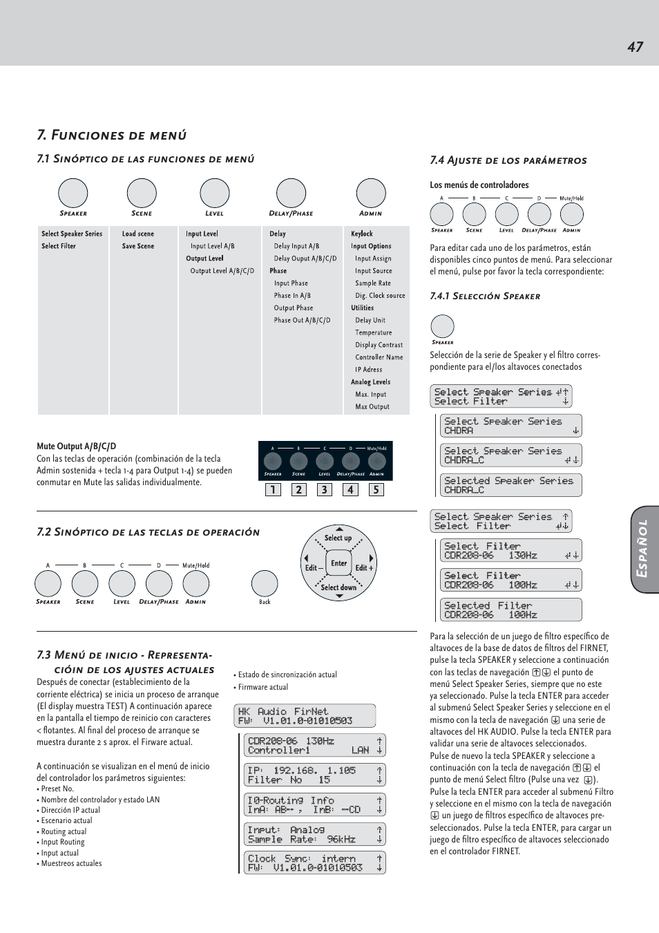 Funciones de menú, Español | HK Audio FirNet Manual User Manual | Page 47 / 52