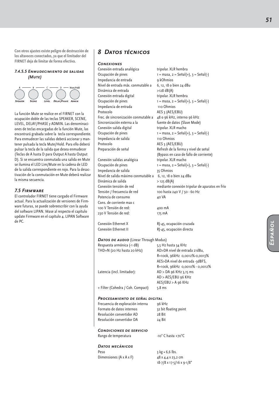 8 datos técnicos, Español | HK Audio FirNet Manual User Manual | Page 51 / 52