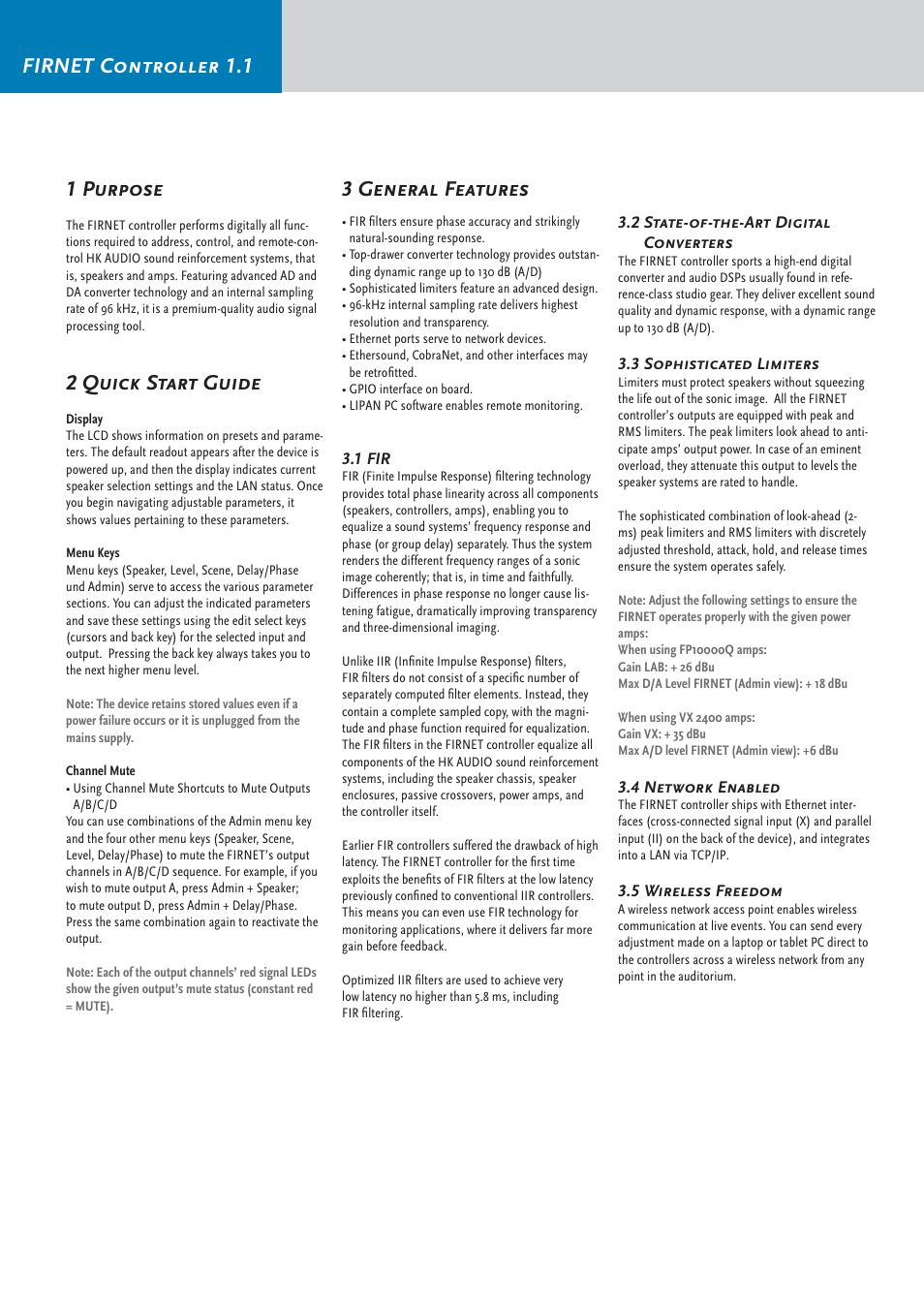 Firnet controller 1.1 1 purpose, 2 quick start guide, 3 general features | HK Audio FirNet Manual User Manual | Page 6 / 52