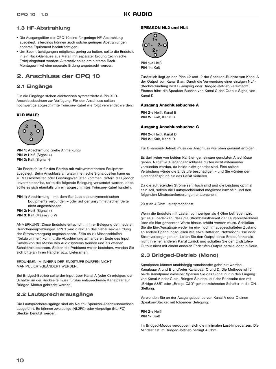 Anschluss der cpq 10 | HK Audio CPQ 10 User Manual | Page 10 / 32