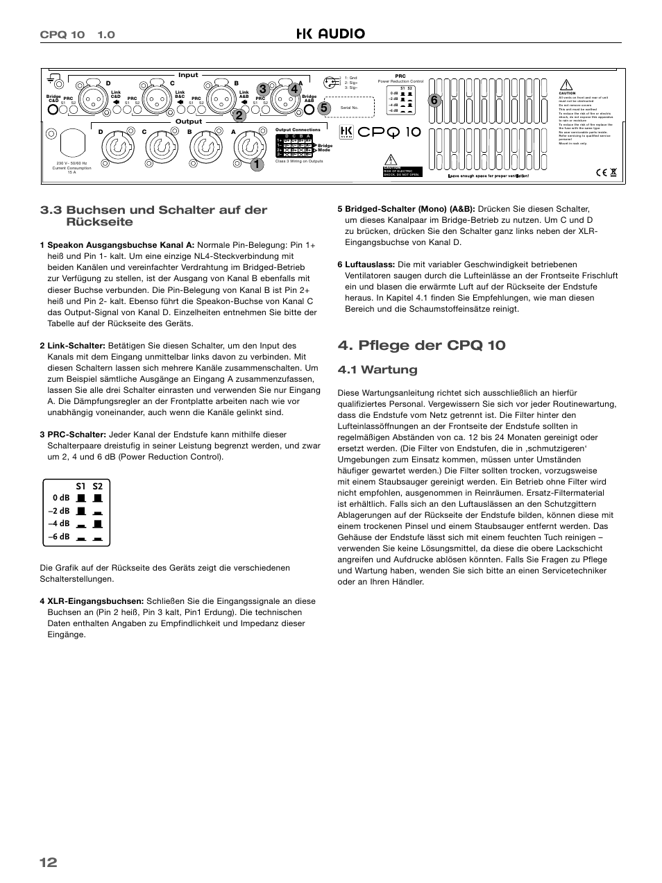 Pflege der cpq 10, 3 buchsen und schalter auf der rückseite, 1 wartung | Cpq 10 1.0, S1 s2, Power reduction control | HK Audio CPQ 10 User Manual | Page 12 / 32