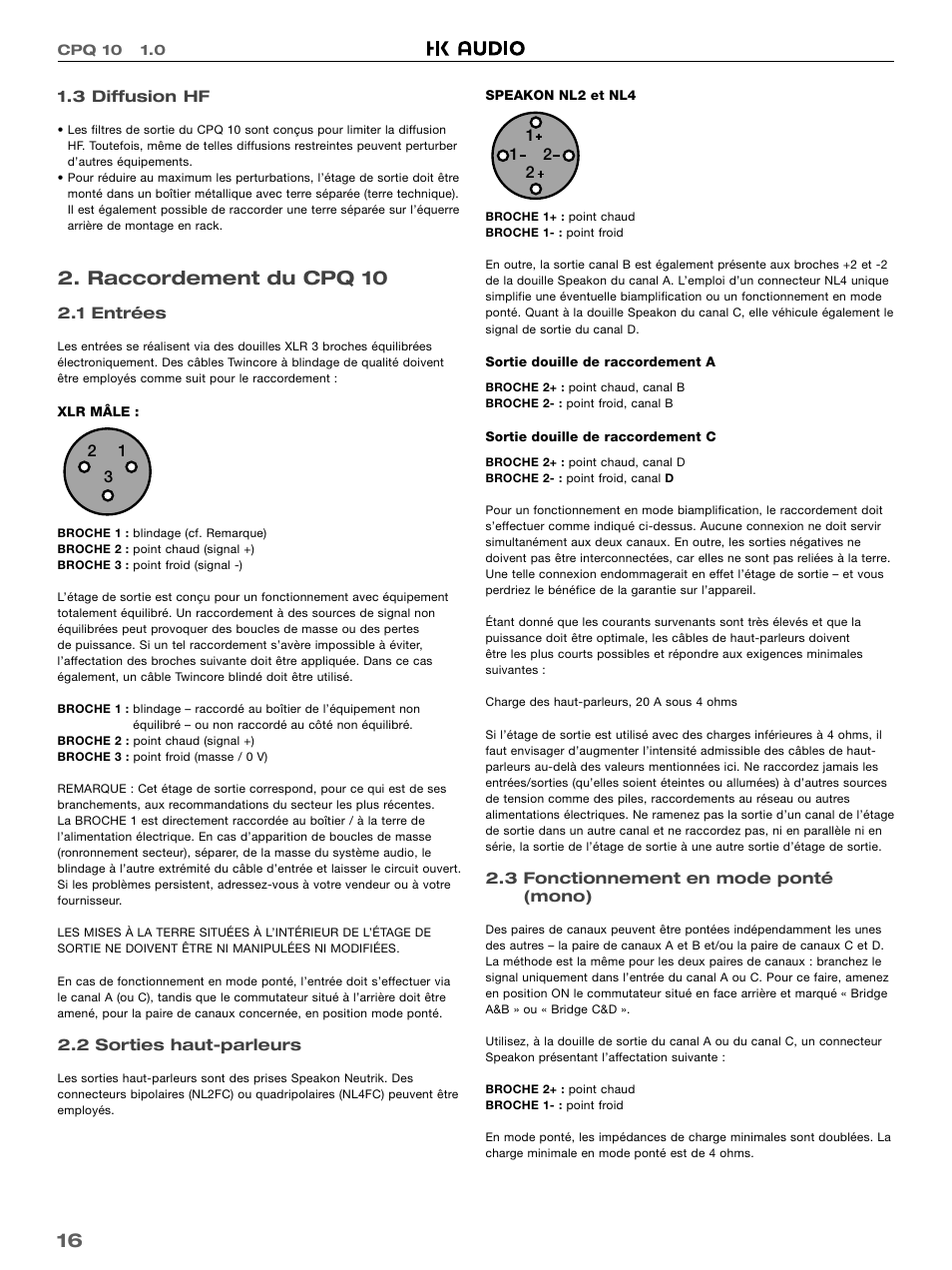 Raccordement du cpq 10 | HK Audio CPQ 10 User Manual | Page 16 / 32