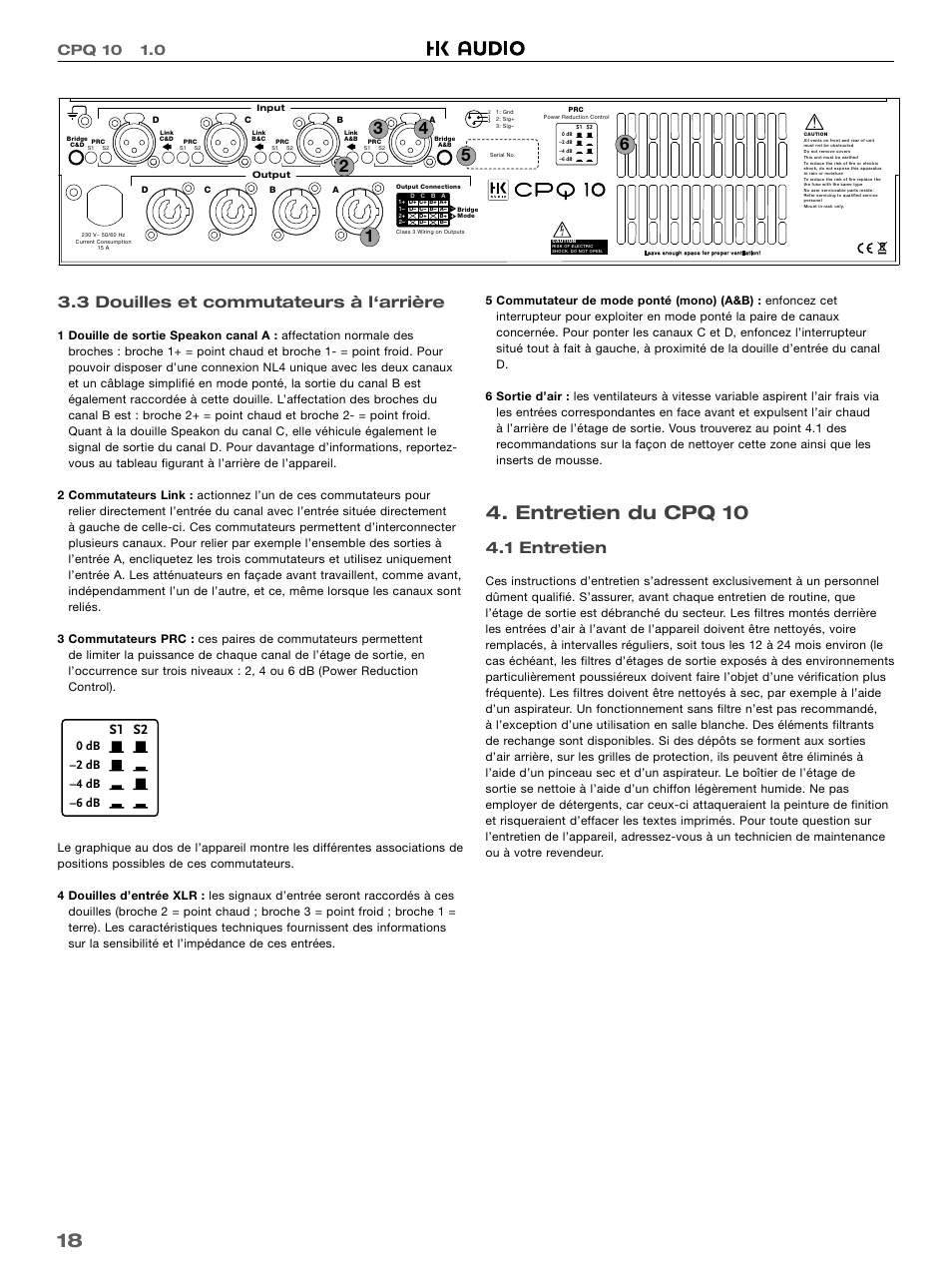 Entretien du cpq 10, 3 douilles et commutateurs à l‘arrière, 1 entretien | Cpq 10 1.0, S1 s2, Power reduction control | HK Audio CPQ 10 User Manual | Page 18 / 32